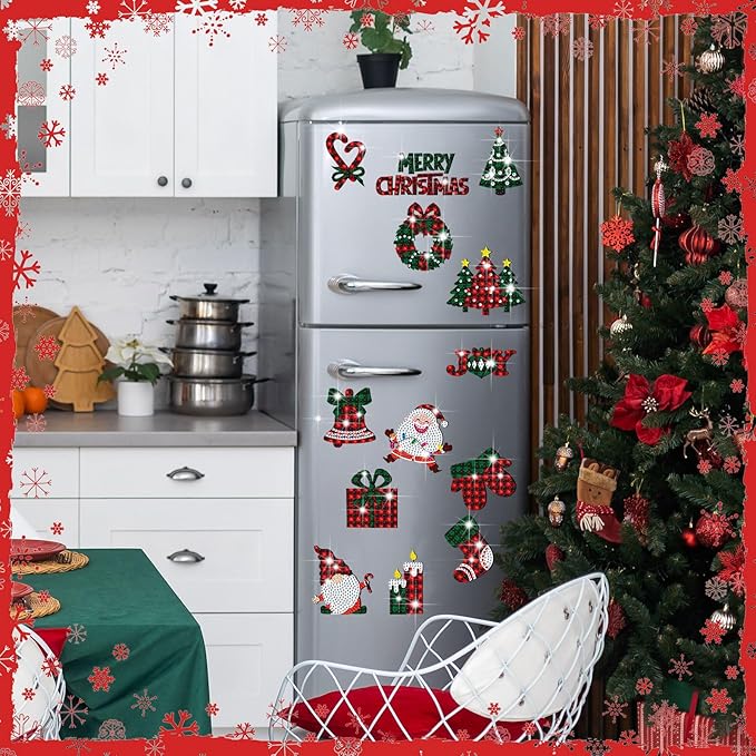 30 Pcs Christmas Diamond Art Magnets Kits DIY Buffalo Plaid Diamond Art Fridge Magnetic Stickers Xmas Gem Magnets for Beginners Holiday Decor Home