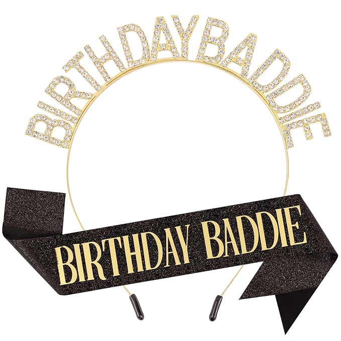 Canitor Birthday Baddie Sash Crown Set Birthday Gifts Party Favors Supplies Decorations & Accessories for Women Girl Adult Dress Outfits Rhinestone Tiara Headband Soft Satin Sash