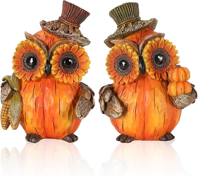 2-Pack Resin Thanksgiving Owl Figurine 4.7'' - Thanksgiving Table Decor Haverst Pumpkins Corns Decorations Indoor Autumn Centerpieces Favors Gifts for Women All Ages (Owls)