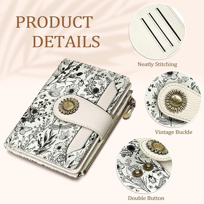 Flowers Floral Small Wallet Women RFID Blocking Bifold, Credit Card Holder, Zipper Coin Pocket, PU Leather, Compact, Travel, 4 ID Window, 14 Card Slots, Cash Purse, Ladies Woman Female Girls