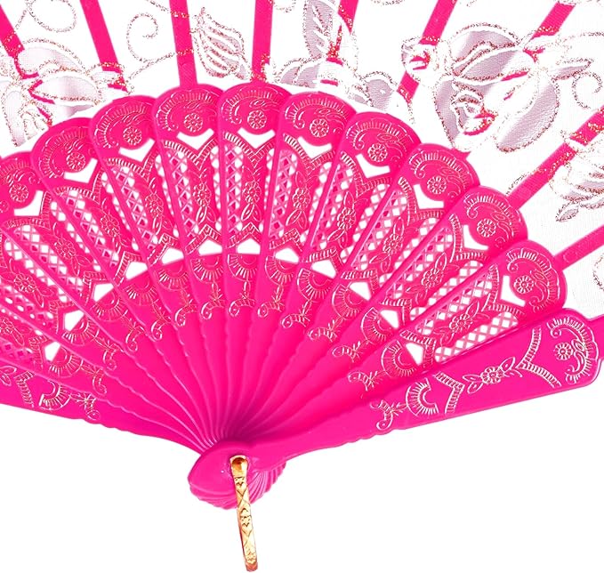 QIRMIZI 30pcs Silk Folding Hand Fans,Silk Fans,Deeppink Rose Fans,Perfect for Weddings, Parties, and Dancing,Deeppink
