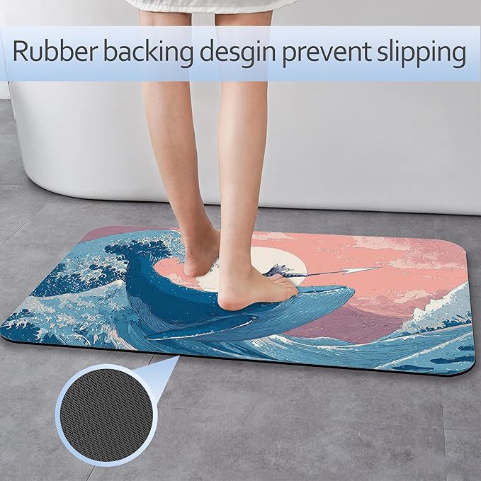 Japanese Cat Bathroom Rug 29.5"x17", Waves Bath Mat with Non-Slip Rubber Backing, Quick-Drying Absorbent Thin Floor Mat for Bathroom, Shower, Sink, or Kitchen