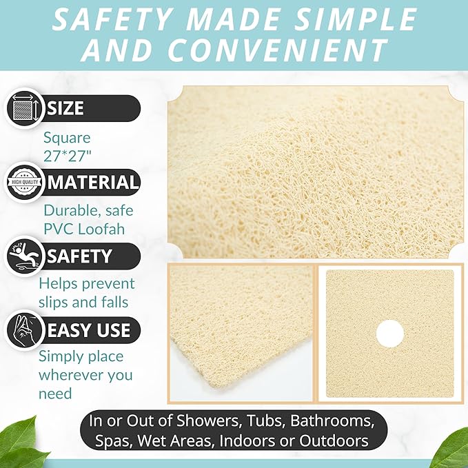 Enkosi Loofah Shower Mat with Drain Hole – Cushioned Anti-Slip Square Bath Mat for Showers, and Bathroom Floors – Textured PVC, Non Slip Safety Pad for Walk-In Stalls and Wet Areas (27x27 Light Beige)