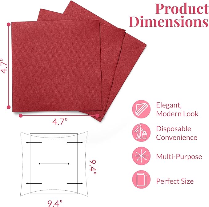 Prestee Linen Feel Guest Towels - Paper Hand Towels - Cocktail Napkins - 5inch Folded / 9.5inch Unfolded - 200 count - Soft and Absorbent Disposable Napkins for Parties and Events - Red