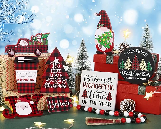 Christmas Tiered Tray Decor 8 PCS Xmas Decorations Indoor - Believe Merry Christmas Table Decor Wooden Signs - Xmas Farmhouse Decor 3 Tier or 2 Tier for Home Room Kitchen Mantel Holiday