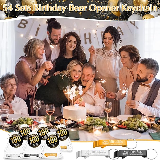 Dandat 54 Sets 100th Birthday Party Favors for Guests Birthday Beer Opener Keychain Cheers to 100 Bottle Opener Keychain with Thank You Cards and Gift Bags for Anniversary Wedding Party Favors