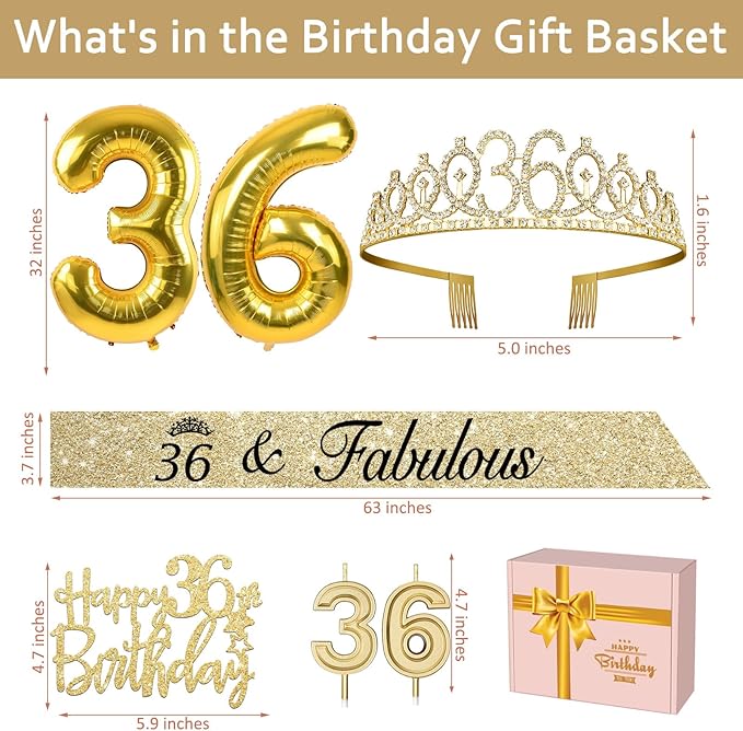 36th Birthday Decorations for Women Gold with 36th Birthday Sash and Tiara, Cake Topper and Candles, Number Balloons, 36 Year Old Gifts for Women