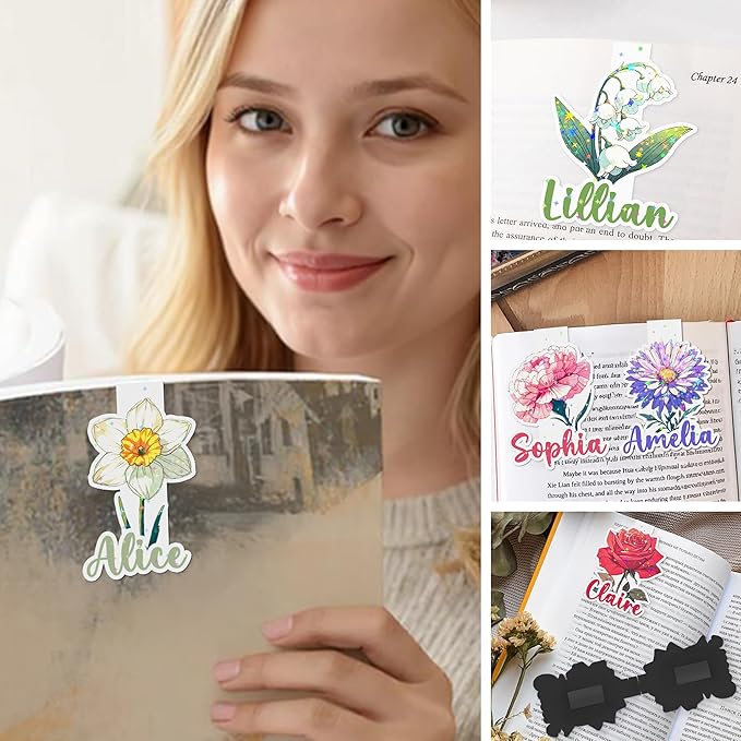 callie Personalized Birth Flower Magnetic Bookmarks - Custom Name Waterproof Glitter Magnet Book Page Markers, Birthday Reading Gifts for Women Students Teachers Book Lovers