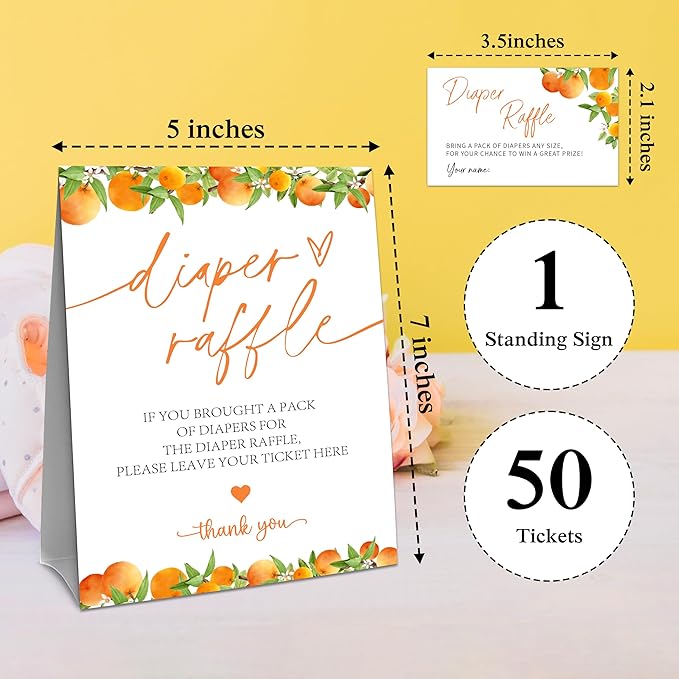 Baby Shower Diaper Raffle Game Set - Watercolor Orange 1 Standing Sign & 50 Diaper Raffel Tickets - Baby Announcement, Gender Reveal Party Activities & Decorations for Boys, Girls - A01