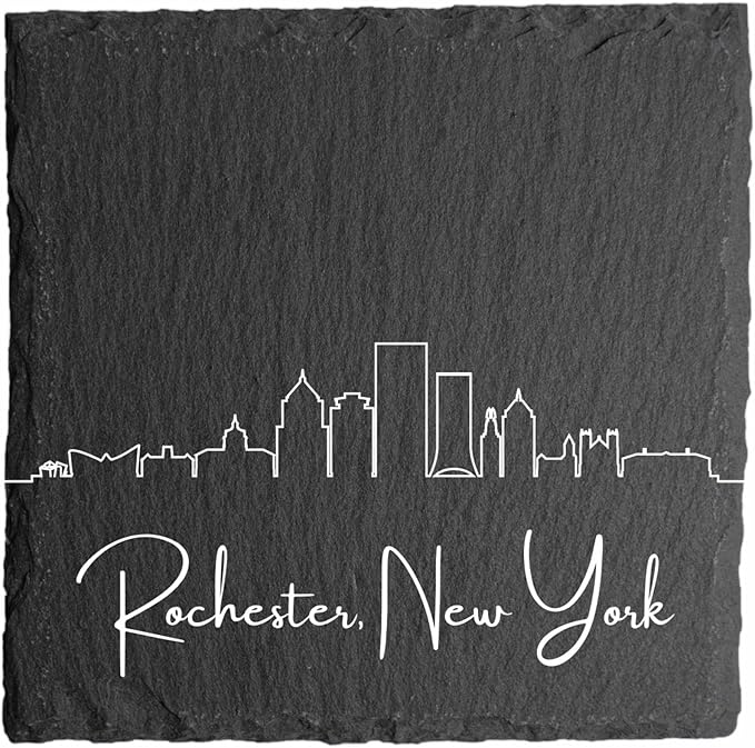 Blue Ridge Mountain Gifts - Rochester NY Skyline Coasters, Set of 4 - Rochester New York Souvenir, Slate Coasters with Minimalist Skyline, Housewarming Gift for Friends, Family, & Neighbors
