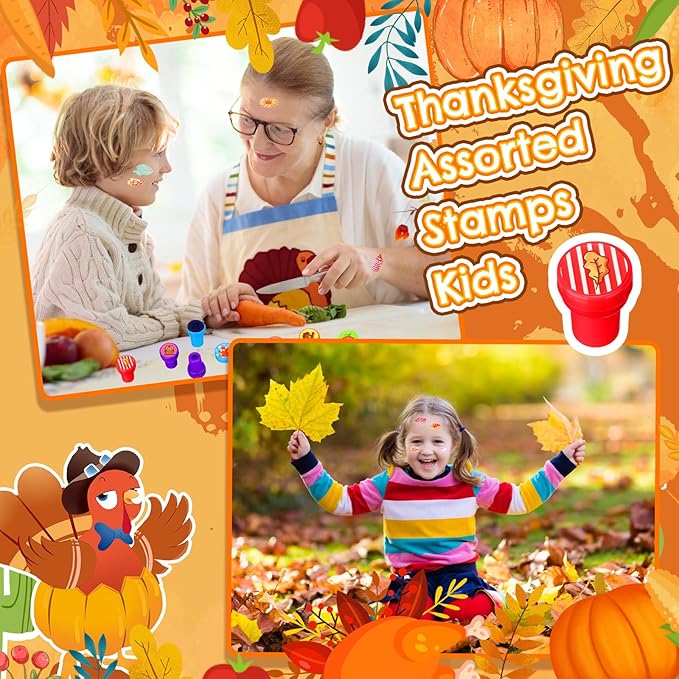 Geelin 100 Pcs Fall Stampers for Kids - Autumn Self Ink Stamps Bulk Thanksgiving Party Favors Assorted Kids Stamps Fall Toys for Party Gift Goody Bag Filler Treats, Classroom Rewards