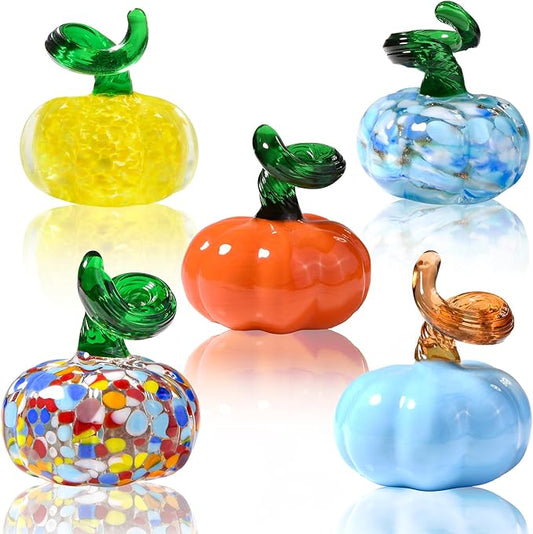 5pcs Small Blown Glass Pumpkin Figurine Collectible Halloween Thanksgiving Glass Pumpkin Paperweight Fall Harvest Decorations for Home(Colorful)