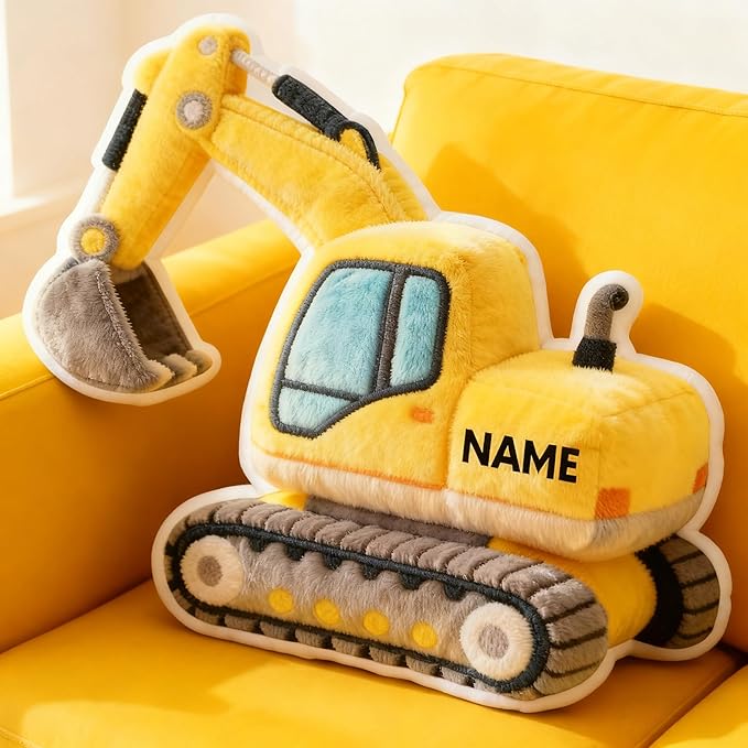 Personalized Excavator Shaped Pillow, Custom Name Plush Stuffed Pillows, Suitable for Beds, Sofas, Bedrooms, Living Rooms Custom Decorative Cushion Gifts for Birthday and Anniversary