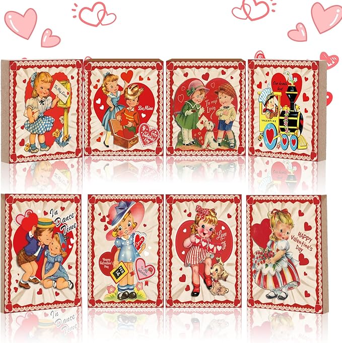 Wenqik 8 Pcs Vintage Valentine's Day Decorations Retro Valentine Wooden Sign Table Centerpiece Ornaments Farmhouse Red Heart Tiered Tray Decor for Home Tabletop Shelf Supplies, 8 Styles