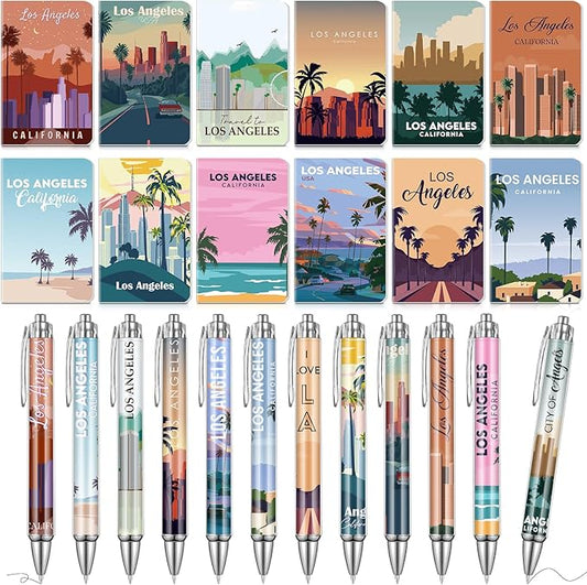 24 Pcs Los Angeles Notebook with Pens Souvenirs Gifts Set, 12 Ballpoint Pens and 12 Notebooks, USA Los Angeles Souvenirs for Traveler Office Supplies Birthday Gifts