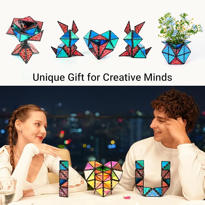 TOSY Magnet Pyramid Stone - 1 Cube Transforms into 1 Billion Shapes, 14 pcs (12 Puzzle pcs and 2 Spinners), 243 Magnets, Christmas Stocking Stuffers Gift for Kids, Creative Puzzle STEM Toy, 2-Pack