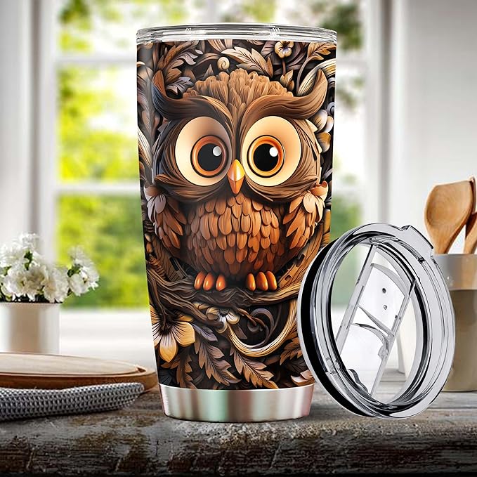 Owls Gifts for Women Girl 20oz Stainless Steel Insulated Tumbler Owl Wood Drawing Coffee Travel Mug Cup Water Bottle Gift for Her Mom Wife Daughter Birthday Christmas