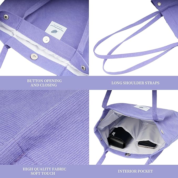 Corduroy Tote Bag Cute Tote Bags for Women Shoulder Bag with Inner Pocket for Work Beach Travel and Shopping Grocery