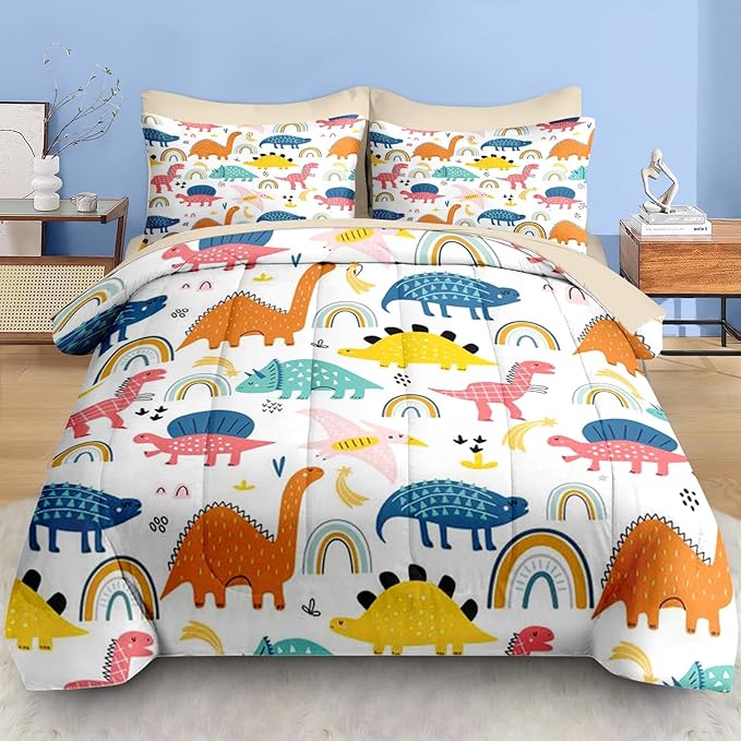 Comforter Set Full Size, Wildlife Baby Dino 7 Pcs Bedding for Kids and Adults, Dinosaur Nursery Rainbow Bed Sheet Sets with Fitted Sheet 2 Pillowcases & 2 Shams for Bedroom Bed Decor