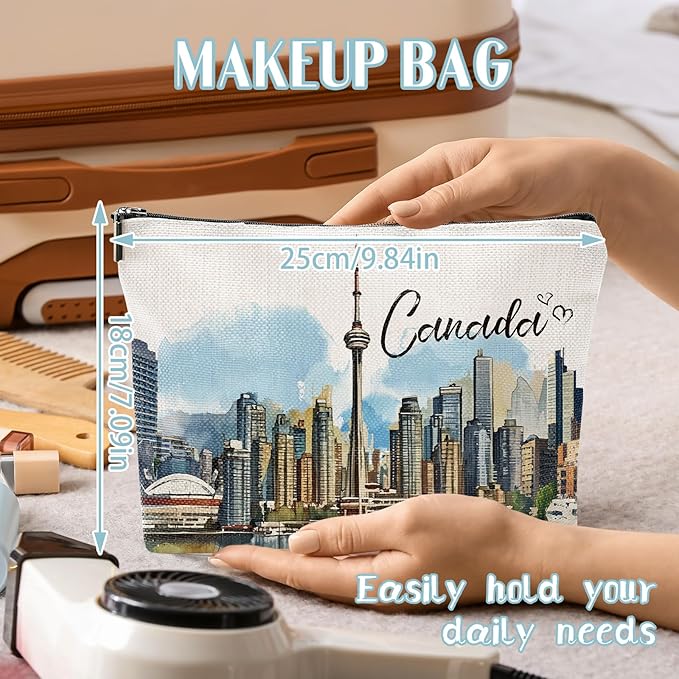 Canada Souvenirs Makeup Bag - Canada Gifts for Traveler, Montréal CN Tower Toronto Landscape Majestic Scene of Canda, Birthday Gifts for Travel Enthusiast