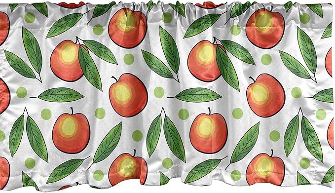 Ambesonne Fruits Window Valance, Repeated Peaches with Leaves and Polka Dots on Plain Background, Curtain Valance for Kitchen Bedroom Decor with Rod Pocket, 54" X 18", White Vermilion and Fern Green