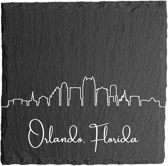 Blue Ridge Mountain Gifts - Orlando FL Skyline Coasters, Set of 4 - Orlando Florida Souvenir, Slate Coasters with Minimalist Skyline, Housewarming Gift for Friends, Family, & Neighbors