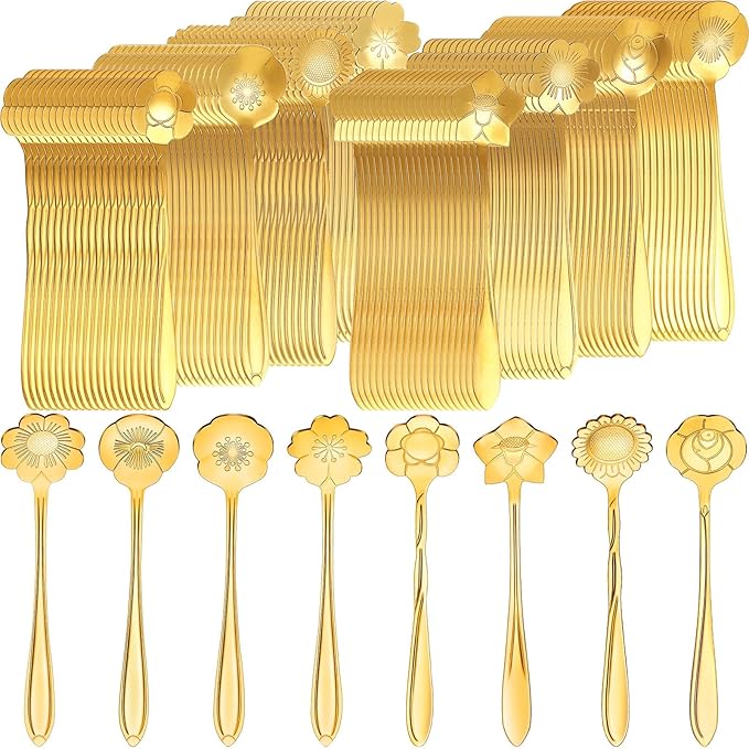 Eboot 160 Pcs Gold Flower Teaspoon Stainless Steel Tea Party Spoons Mini Cute Teaspoon for Stirring Coffee Sugar Drink Demitasse Kitchen Bar Tableware Party Favors Decorations