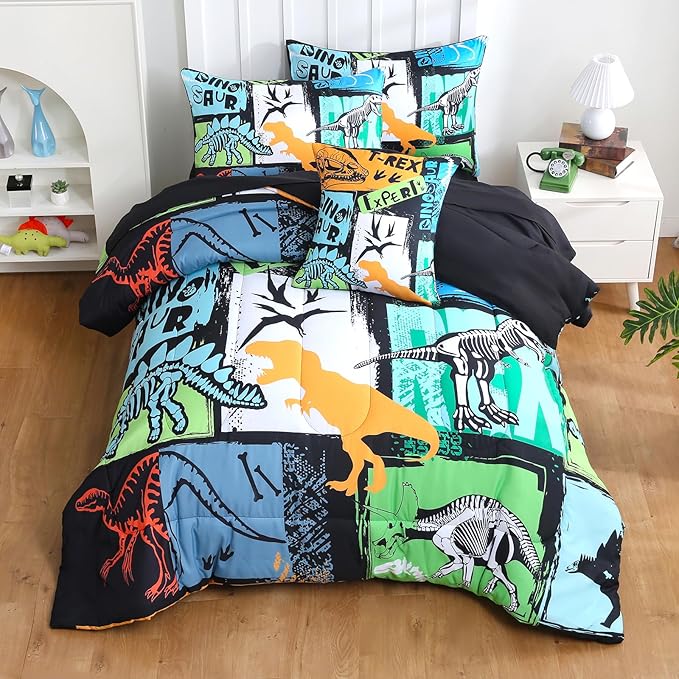 6 Pcs Bed in A Bag Full Comforter Set for Boys Girls, Dinosaur Comforter, Dinosaur Bedding Sets with Sheets for Kids