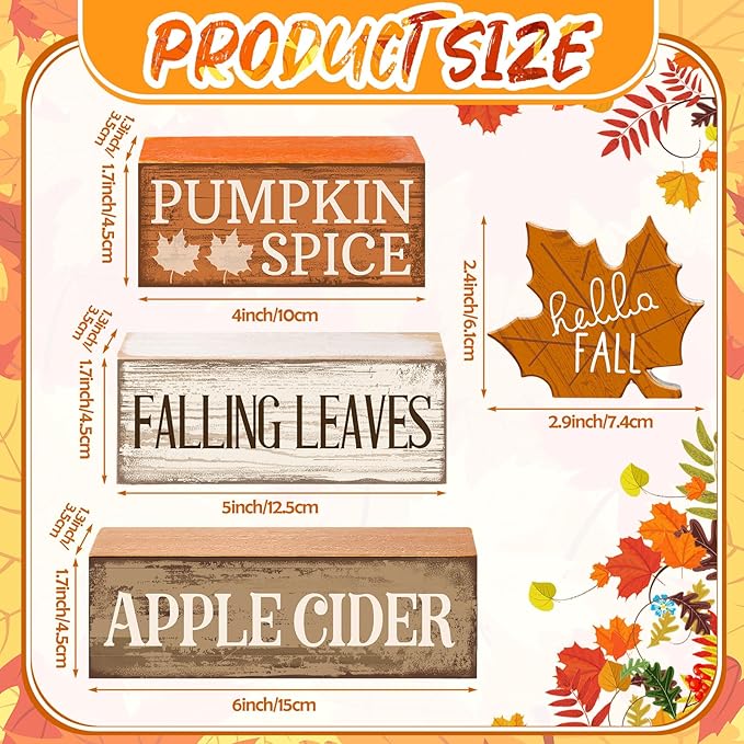 4 Pcs Fall Decor Wooden Maple Leaf Decoration Thanksgiving Tiered Tray Decor Rustic Wooden Maple Leaf Block Sign Thanksgiving Table Centerpiece Farmhouse for Autumn Harvest Party Home Kitchen