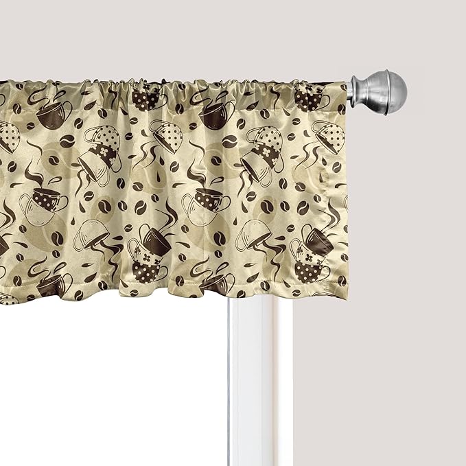 Ambesonne Modern Window Valance, Contemporary Coffee Cups Polka Dots and Beans Roasted Graphic Design, Curtain Valance for Kitchen Bedroom Decor with Rod Pocket, 54" X 18", Cream and Brown