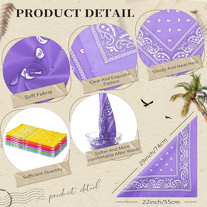 Blulu 6 Pcs Neon Color Cowboy Bandanas for Men Women Assorted Paisley Pattern Handkerchiefs 22 x 22 Inch Kids Headwrap Scarfs