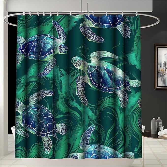 4 Pcs Turtle Shower Curtain - Ocean World Shower Curtain for Bathroom Ocean Shower Curtains Turtle Shower Curtain Set with Rug,Toilet Cover and Bath Mat with 12 Hooks