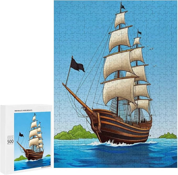 Puzzles for Adults 500 Pieces Wooden Jigsaw Puzzle - Sail Ship Pirate Sea Island Theme Puzzle，Party Games，Family Toys，Educational Puzzles，Stress Relief Wooden Puzzle，Gifts for Family and Friends