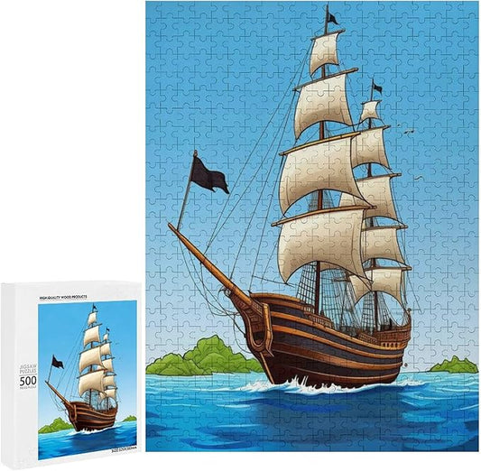 Puzzles for Adults 500 Pieces Wooden Jigsaw Puzzle - Sail Ship Pirate Sea Island Theme Puzzle，Party Games，Family Toys，Educational Puzzles，Stress Relief Wooden Puzzle，Gifts for Family and Friends