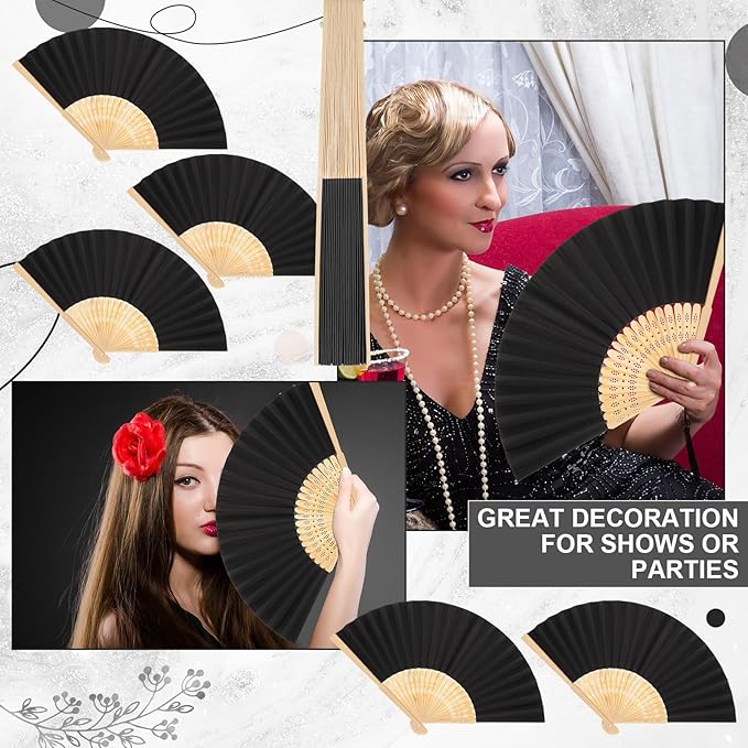 Yinkin 24 Pack Folding Fans Bamboo Handheld Folded Craft Hand Japanese Chinese Fans for Weddings Bridal Dancing Church DIY Decoration Women Gift Party Favors (Black)