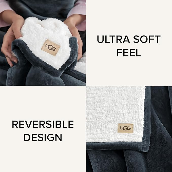 UGG Nita Full/Queen Blanket Fleece Fluffy Reversible Soft Fuzzy Bedding Cozy Plush Warm Oversized Blanket Machine Washable Bedroom Decor for Big Couch or Bed, 90-inch x 90-inch, Charcoal Grey