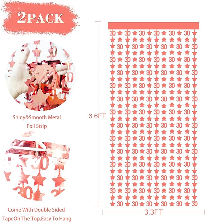 Rose Gold 30th Birthday Decorations 2 Pack Glitter 3.3X6.6ft Star Photo Booth Backdrop Foil Fringe Curtains for Womens 30 and Fabulous Dirty Thirty Cheers to 30 Years Birthday Anniversary Party Decor