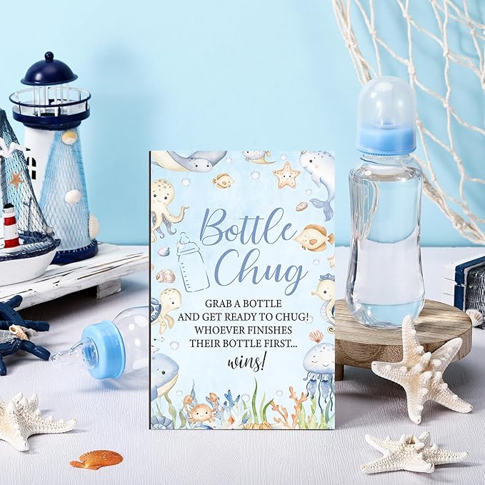 TrelaCo Cool Baby Shower Games Bottle Chug Sign and 12 Pcs Baby Bottle Shower Favor Bottles for Gender Reveal Games (Blue, Under the Sea)