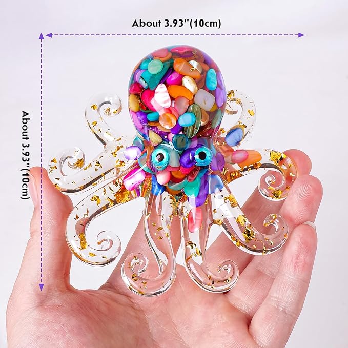 Octopus Decor Aquarium Amethyst Gravel Decorative Resin Glass with Natural Crystal Stone Marine Animals Fish Tank Ornaments Statue Healing Home Decor Ladies Gift 3.93"