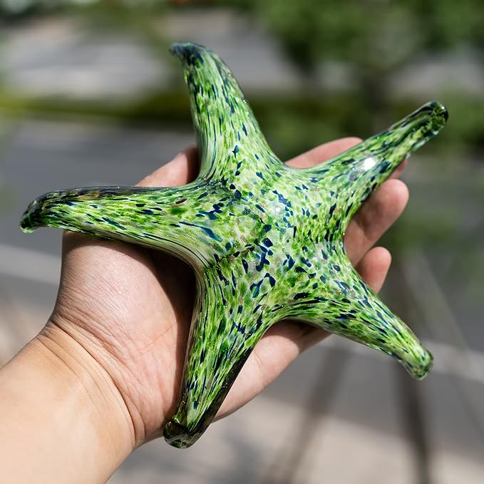 QFkris 7.8" Hand Blown Glass Starfish Figurines, Glass Sea Life Animal Ornaments for Home Decor, Star Fish Paperweight for Office Deck, for Mom Women