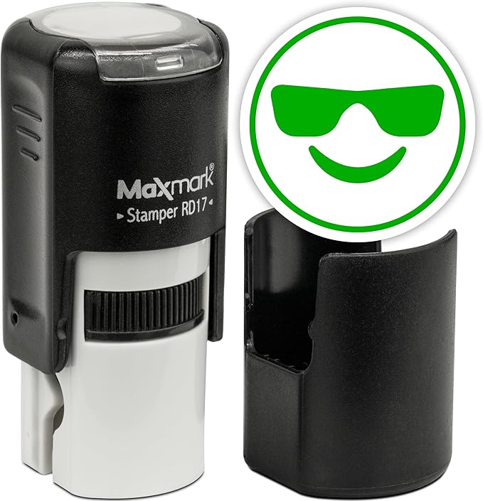 MaxMark Round Self Inking Emoji Stamp - Sunglasses - Green Ink