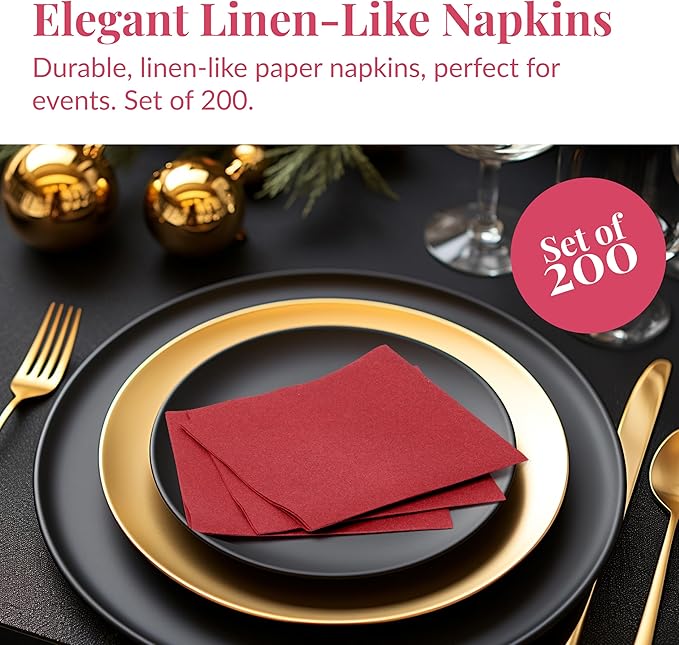 Prestee Linen Feel Guest Towels - Paper Hand Towels - Cocktail Napkins - 5inch Folded / 9.5inch Unfolded - 200 count - Soft and Absorbent Disposable Napkins for Parties and Events - Red