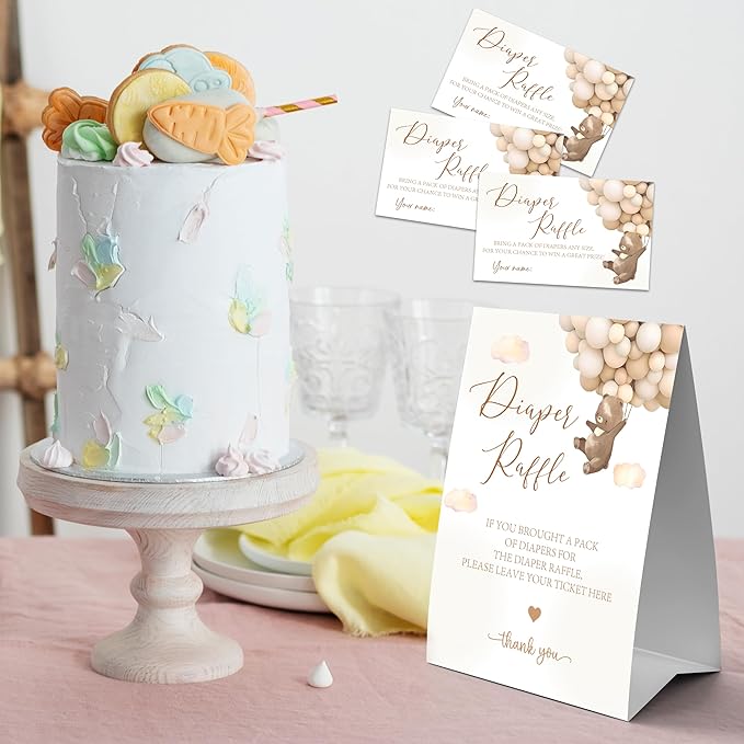 Baby Shower Diaper Raffle Game Set - Watercolor Teddy Bear 1 Standing Sign & 50 Diaper Raffel Tickets - Baby Announcement, Gender Reveal Party Activities & Decorations For Boys, Girls - A06