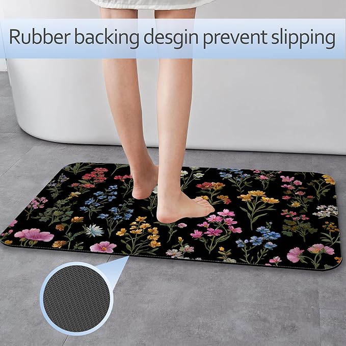 Groovy Flowers Bathroom Rug 29.5"x17", Super Absorbent Fast Drying Bath Mat with Non-Slip Rubber Backing, Thin Low-Profile Easy-Clean Bathroom Floor Mat for Shower or Tub