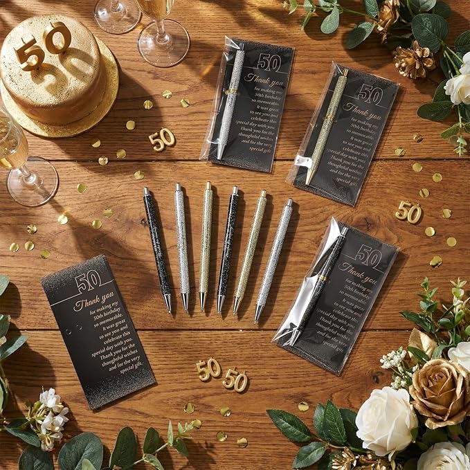 24 Set 50th Birthday Party Favor for Guests Anniversary Appreciation Gifts Birthday Glitter Ballpoint Pen and Thank You Cards for Women Men Years Party Favor Decoration Supplies