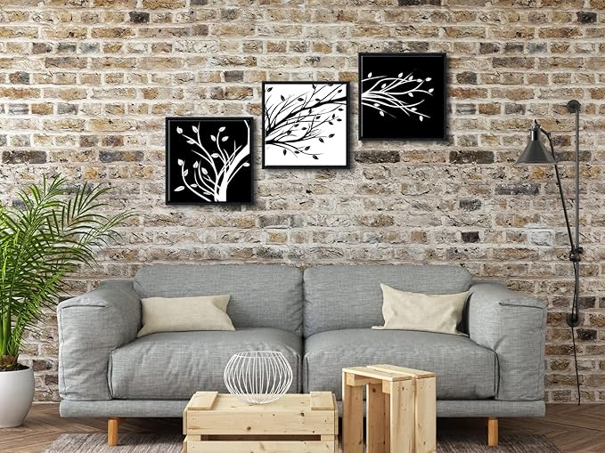 Wieco Art Framed Leaves Modern 3 Panels Flowers Artwork Canvas Prints Black and White Abstract Floral Trees Pictures Paintings on Canvas Wall Art for Living Room Home Decorations