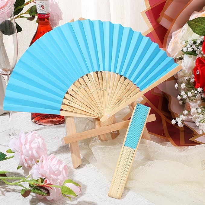 Yinkin 24 Pack Folding Fans Bamboo Handheld Folded Craft Hand Japanese Chinese Fans for Weddings Bridal Dancing Church DIY Decoration Women Gift Party Favors (Lake Blue)