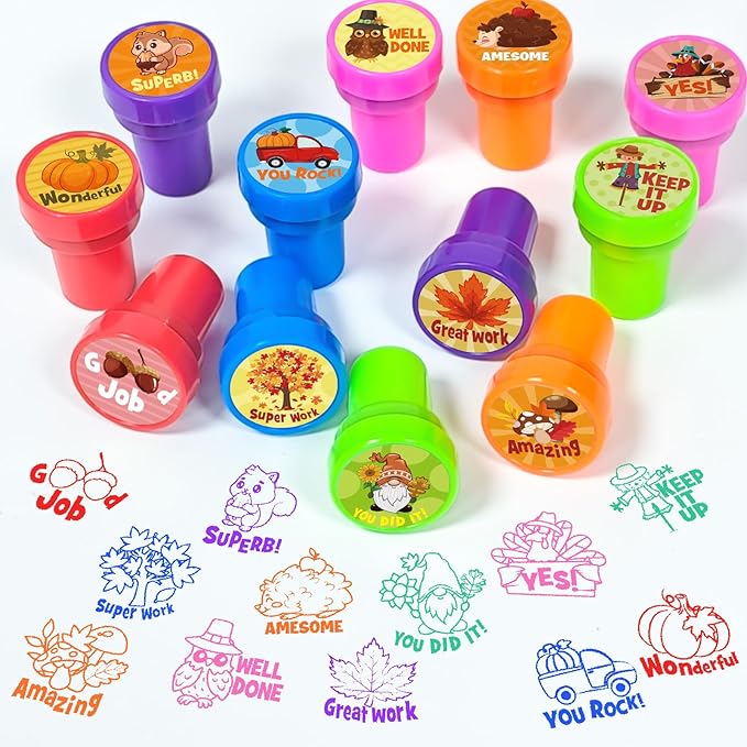 Cinrobiye 24 Pcs Fall Party Stampers for Kids, Autumn Thanksgiving Party Supplies Favors, Classroom Rewards, Carnival Prizes, Goodie Bag Pinata Fillers for Harvest Party School Events