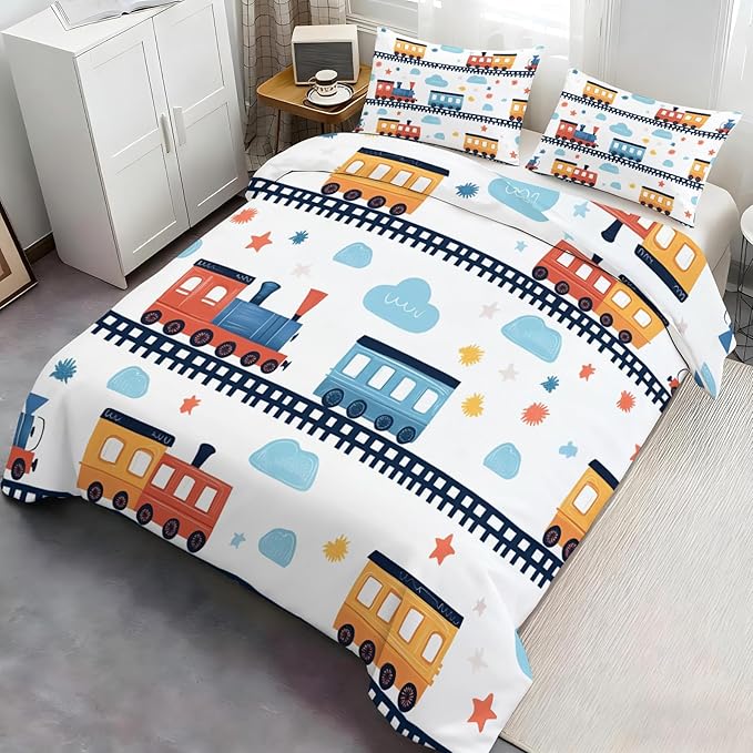 Cartoon Train Bedding Set Twin Size Vintage Train Tracks Duvet Cover Railway Vehicle Comforter Cover Railcar Transport Vehicles Comforter Set Soft Microfiber for Bedroom