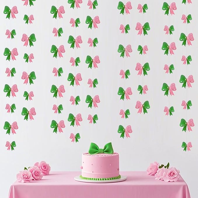 6PCS Pink and Green Party Decorations 3D Green Pink Conquette Bow Garland Witch Party Decorations Double Layer Bow Banner Streamers for Girls Witch Kids Wizard Birthday Baby Shower Decor Supplies